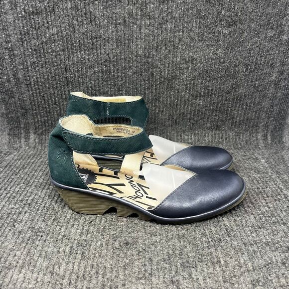 Fly London Pats801FLY Ankle Strap Wedge Sandals Blue Leather Womens 41 / 9.5 US - Picture 1 of 8